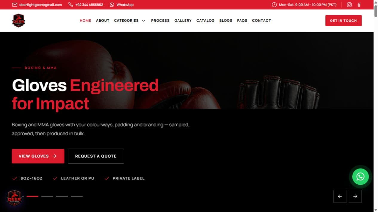 Screenshot of the Deer Fight Gear website