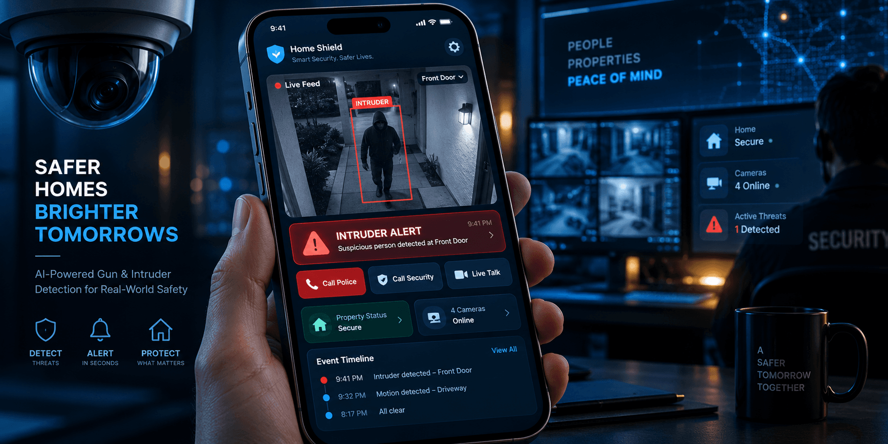 Gun and intruder detection app project artwork showing a security alert