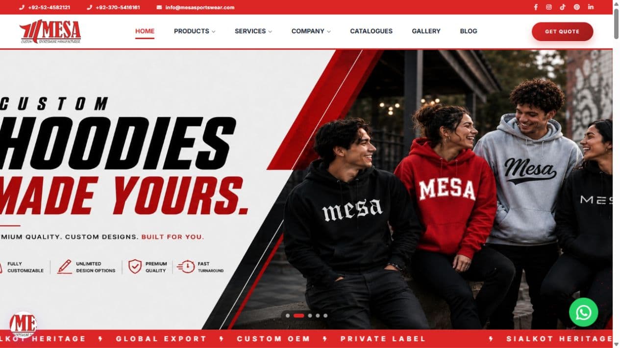 Screenshot of the Mesa Sportswear website